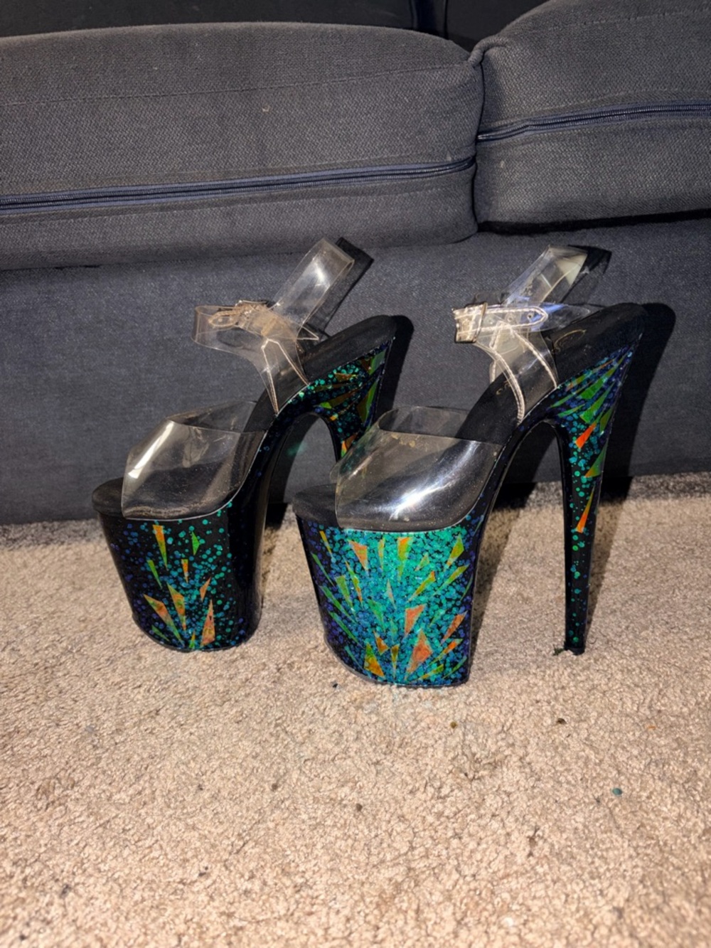 Pleaser Clear Strap Multi-Color Glitter Platform Stiletto Heels - Picture 2 of 3